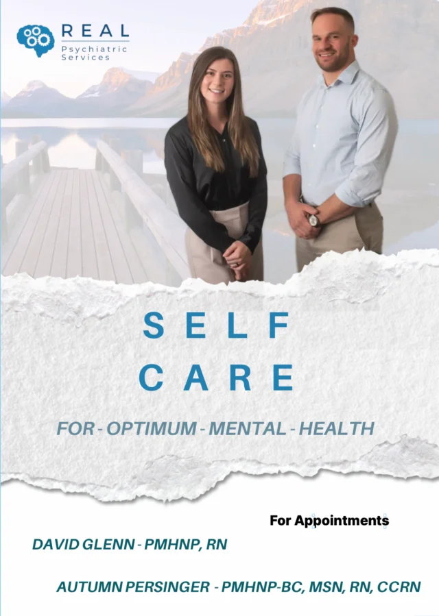 Mental health self-care advertisement with professionals.